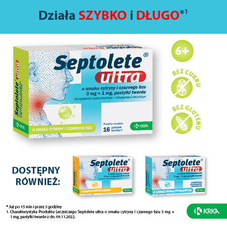 Septolete ultra o smaku cytryny i czarnego bzu 16 pastylek do ssania