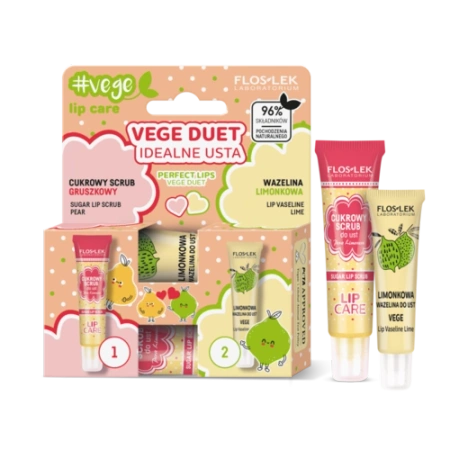 FLOS-LEK VEGE DUET IDEALNE USTA Zestaw cukrowy scrub gruszkowy 14g + limonkowa wazeliza do ust 10 g