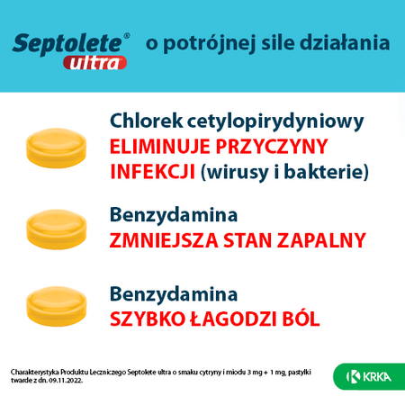 Septolete Ultra o smaku cytryny i miodu 16 pastylek do ssania