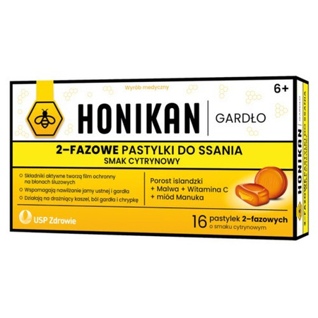 Honikan Gardło 16 pastylek do ssania o smaku cytrynowym