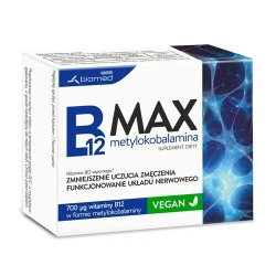 B12 MAX w formie metylokobalaminy uzupełnia codzienną dietę w witaminę B12 60 tabletek